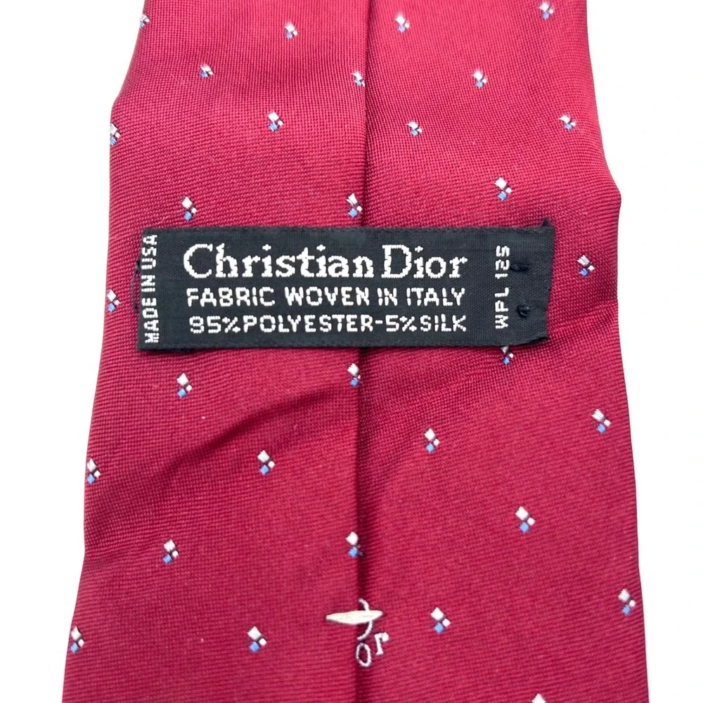 Christian Dior Mens Silk Blend Burgundy Geometric Logo Necktie Woven Italy Vtg